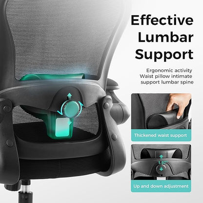 ALPHA HOME Office Chair Ergonomic, Mesh Computer Chair with Lumbar Support Executive Stool with Flip-up Armrest & Padded Cushion, BIFMA & SGS Certified
