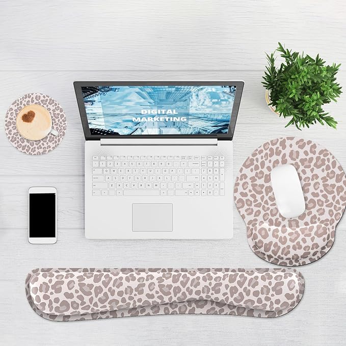 Ergonomic Mouse Pad with Wrist Rest and Keyboard Wrist Rest, Mousepad and Wrist Rest for Computer Keyboard, Pain Relief, Non-Slip Rubber Base, Mouse Pad with Wrist Support for Gaming, Leopard
