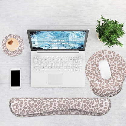 Ergonomic Mouse Pad with Wrist Rest and Keyboard Wrist Rest, Mousepad and Wrist Rest for Computer Keyboard, Pain Relief, Non-Slip Rubber Base, Mouse Pad with Wrist Support for Gaming, Leopard
