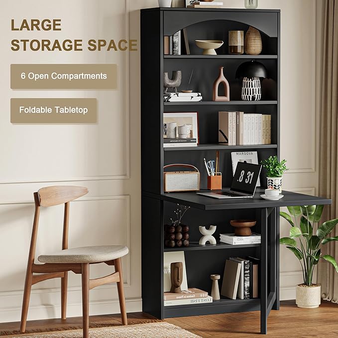 6-Tier Bookshelf with Folding Table, 72.8” Tall Open Storage Bookcase, Large Storage Capacity, Modern Display Shelf for Home Office, Living Room, Bedroom, Black