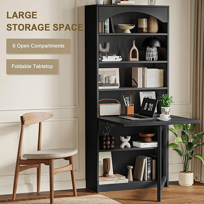 6-Tier Bookshelf with Folding Table, 72.8” Tall Open Storage Bookcase, Large Storage Capacity, Modern Display Shelf for Home Office, Living Room, Bedroom, Black