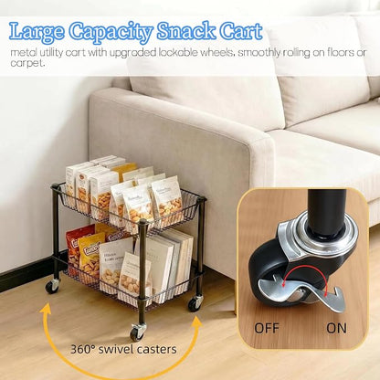 2 Tier Rolling Pantry Cart on Wheels Thick Metal Pantry Floor Organizer Small Utility Cart for Small Space, Fruit Vegetables Rack for Kitchen, Under Desk Storage Onion Potato Storage Basket, Black