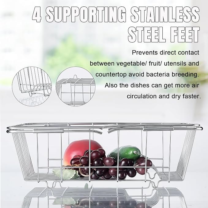 Expandable Dish Drying Rack, Rustproof Stainless Over Sink Dish Drainer Rack Basket Shelf, 304 Stainless Steel Metal Dish Drainer in Sink or On Counter Organizer Dish Dryer Rack for Inside Sink