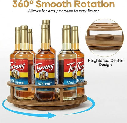 THYGIFTREE Rotating Coffee Syrup Organizer for Countertop, 9-Bottle Wooden Syrup Rack & Bottle Holder for Coffee Bar Station, Turntable Display Stand, Brown