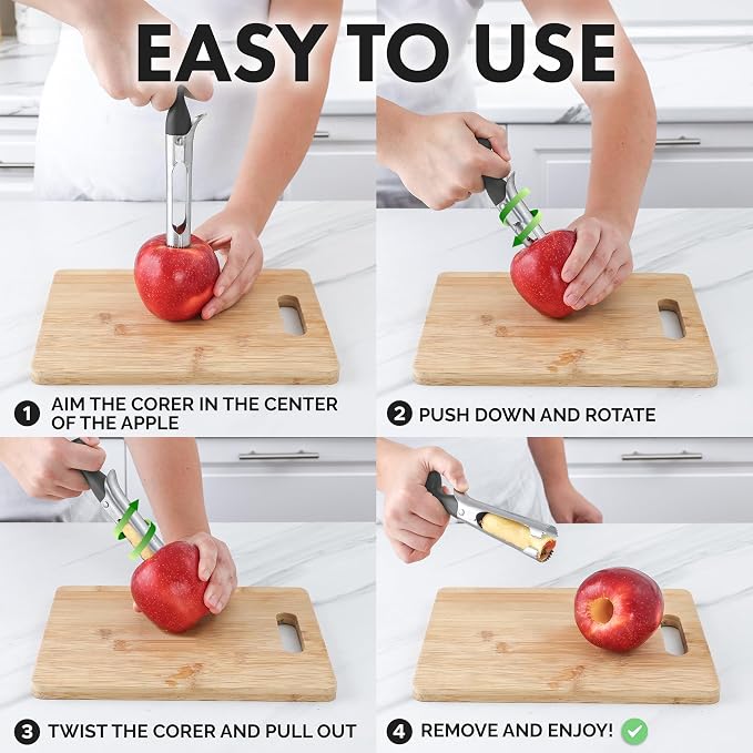 Zulay Kitchen Ultra Sharp Apple Corer Tool - Stainless Steel, Sharp & Serrated Blade Cores in Seconds - Easy to Use & Clean, Durable Apple Core Remover for Apples & Small Fruits - Gray