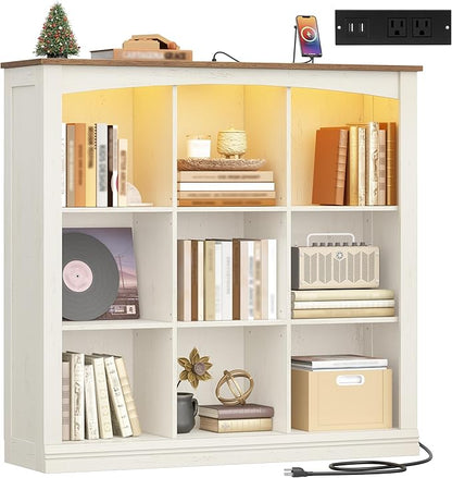 Cube Bookshelf, 9 Cube Storage Organizer, 3 Tier Wood Cubby Bookshelf with Led Lights and Charging, Low Bookcase for Bedroom, Office, Living Room, White BC33314X