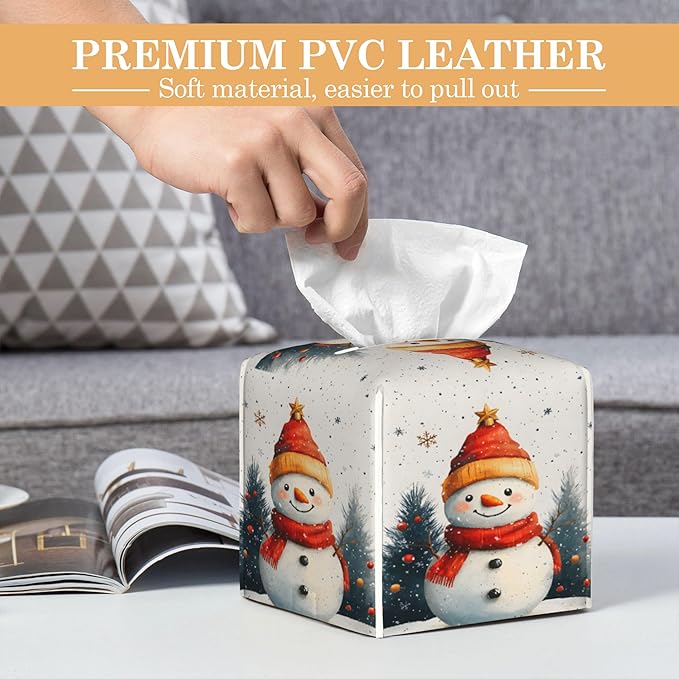 Christmas Snowman Tissue Box Cover Holder,Leather Tissue Case Holder Facial Paper Organizer Decorative for Tabletop Night Stands Desk Bathroom Kitchen Car Office Home Decor
