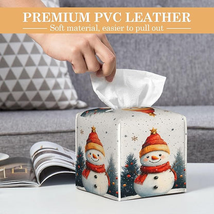 Christmas Snowman Tissue Box Cover Holder,Leather Tissue Case Holder Facial Paper Organizer Decorative for Tabletop Night Stands Desk Bathroom Kitchen Car Office Home Decor
