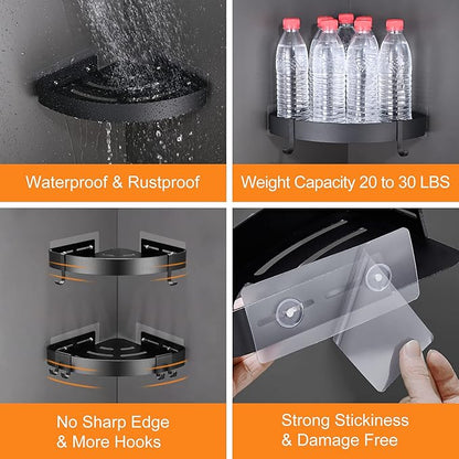 DUFU Adhesive Corner Shower Caddy with Hooks,Bathroom Shower Organizer, No Drilling Rust Proof Aluminum Shower Shelf for Inside Shower 2 Pack (Black)