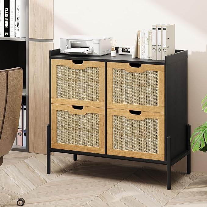 4 Drawer File Cabinet, Rattan Lateral Filing Cabinet Fits Files Letter or A4 Size, Wooden Printer Stand for Home Office, Oak and Black