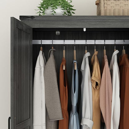 St.Mandyu Farmhouse Wardrobe Armoire Closet with 3 Doors and 2 Drawers, 70.1" Wooden Clothing Storage Cabinet, Freestanding Large Capacity Storage Wardrobe Armoire with Hanging Rod for Bedroom, Grey