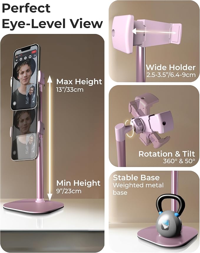 COOPER ChatStand, Adjustable Cell Phone Stand for Desk, Phone Stand for Recording, iPhone Holder for Filming, Small Tripod for iPhone, Fits Samsung, Android Smartphones, (Pink Rose Gold)