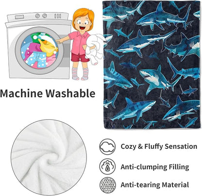 Blue Shark Blanket,Vibrant Deep Sea Sharks Throw Blankets,Gifts for Kids & Marine Life Lovers,Lightweight Soft Fleece,for Picnic Sofa Couch Bed Room Travel,Birthday Decor,60x80in