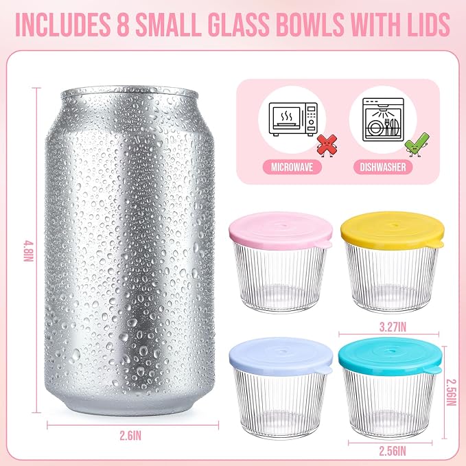 8 Sets Small Glass Bowls with Pastel Lids 6.8oz Ribbed Clear Glass Containers Stackable Dessert Custard Pudding Cups Condiment Bowls for Sauces Dips Nuts Oats Candy Dessert Cereal