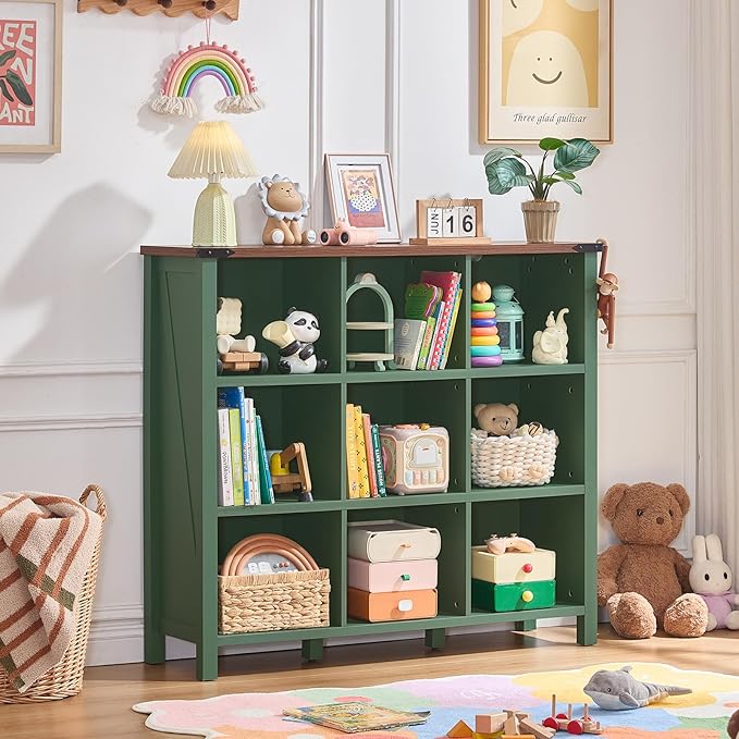 9 Cube Storage Organizer, Farmhouse 47 Inch Wide Vintage Green Bookshelf, Wooden 3 Tier Display Large Open Book Shelf, Rustic Bookcase for Home Office, Cubby Storage Cabinet for Living Room