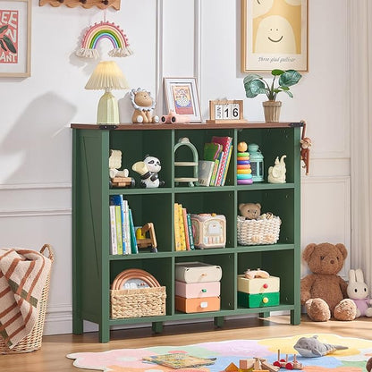 9 Cube Storage Organizer, Farmhouse 47 Inch Wide Vintage Green Bookshelf, Wooden 3 Tier Display Large Open Book Shelf, Rustic Bookcase for Home Office, Cubby Storage Cabinet for Living Room
