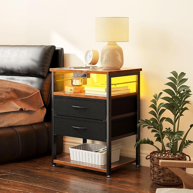 AODK Night Stand with Charging Station and LED Lights, 27.6 Inch Bed Side Table with 2 Drawers and Open Shelf, Bedside Table for Bedroom, Living Room, Vintage & Black