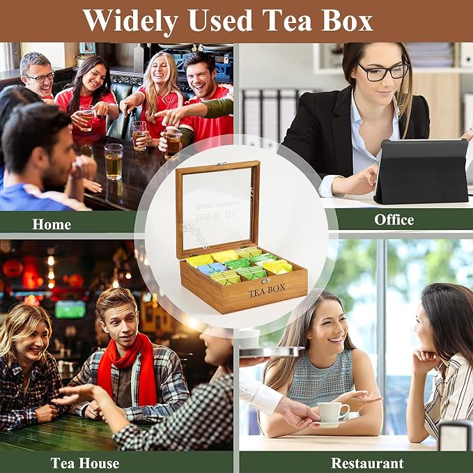 Wooden Tea Box, DecorativeTea Box Organizer,Teas Organizers and Storage,Tea Holder Organizer with 9 Compartments Clear Lid for Home Gifts & Tea Parties