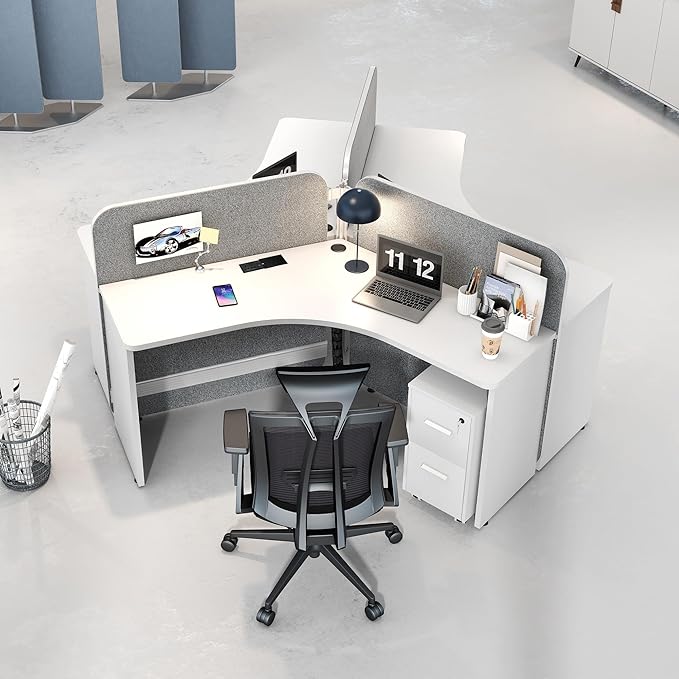 SAINTCY 3 Person Office Cubicle Desk Workstation with Drawers & Built-in Power Outlets, Adjustable Wall Partitions, Layouts for Startups and Modern Workspaces