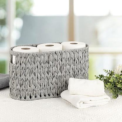 Sumnacon Toilet Paper Storage Basket Freestanding, Woven Toilet Paper Holder Stand with Handle, Decorative Narrow Bathroom Baskets Sturdy Plastic Organizer Bin for Tissue Rolls, Toiletries, Towels