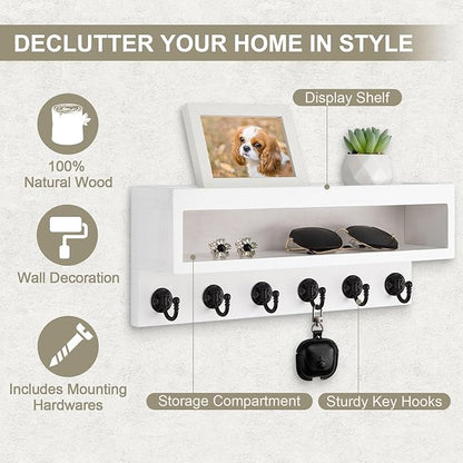 Key and Mail Holder Wall Mount, Key Hanger with Long Storage Box and 6 Hooks for Coat, Dog Leash, Home Decor Rack, House Accessories, Entry Way Organizer (White)