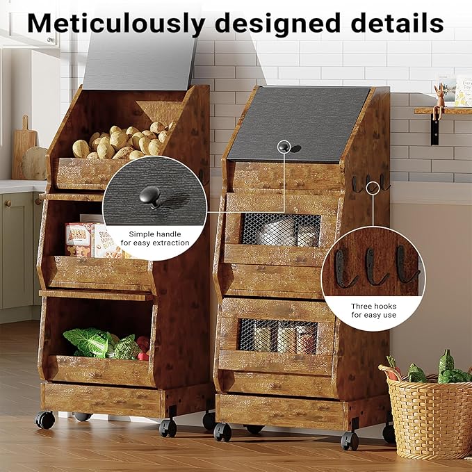 Potato and Onion Bin with Lid Movable Bread Box, Potato and Onion Storage with Wheels Black Movable, Vegetable Cabinet with 3 Tier Storage, Grocery Section Bread Box Set of 2