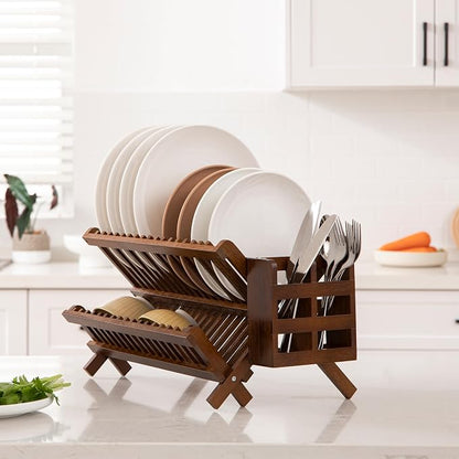 HBlife Dish Rack,Teak Folding 2-Tier Collapsible Drainer Dish Drying Rack with Utensils Flatware Holder Set (Dish Rack with Utensil Holder)