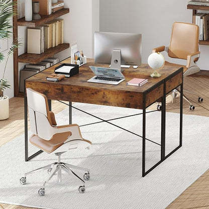 GOFLAME Modern 2-Drawer Computer Desk, Home Office Desk w/Reinforced Heavy-Duty Metal Frame, Versatile Study Writing Desk w/Anti-Tip Kit, Ideal for Bedroom, Study, Office, Small Spaces, Rustic Brown