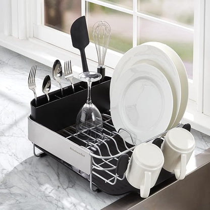 KitchenAid Compact, Space Saving Rust Resistant Dish Rack with Removable Flatware Caddy and Angled Self Draining Drainboard, 16.06-Inch, Black