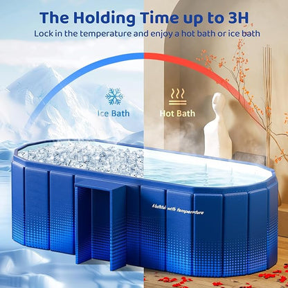 Portable Foldable Bathtub, Freestanding Bathtub No Installation, Bathroom SPA Soaking Bath Tub, Shower Stall Collapsible Hot & Ice Bath Tub (Blue with Storage Rack, 59"L x 21.6"W x 19.6"H)