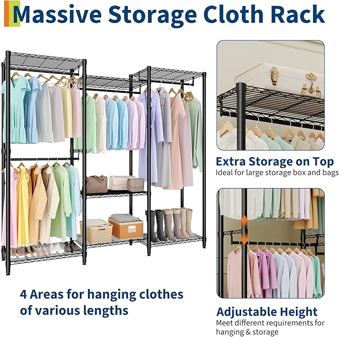 5-Tier Heavy Duty Clothes Rack, 1630LBS Load, Sturdy Metal Garment Rack with Wire Shelves, Multi-Functional Wardrobe Closet with Hanger Rods for Hanging Clothes, 15.5"D x 67.6"W x 76.5"H ﻿