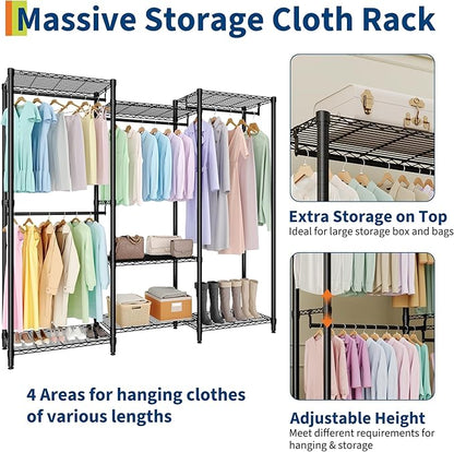5-Tier Heavy Duty Clothes Rack, 1630LBS Load, Sturdy Metal Garment Rack with Wire Shelves, Multi-Functional Wardrobe Closet with Hanger Rods for Hanging Clothes, 15.5"D x 67.6"W x 76.5"H ﻿