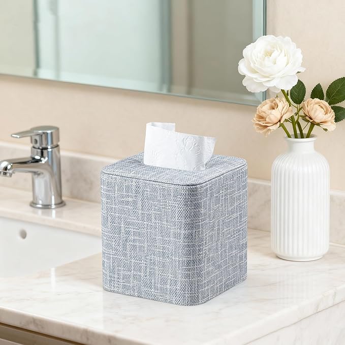 Square Tissue Box Cover with Magnetic Closure, Modern PU Leather Tissue Box Holder for Bathroom Vanity Countertop Night Stands Bedroom Office Desk, Stylish Cube Tissue Holder (Blue)