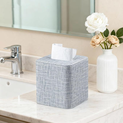 Square Tissue Box Cover with Magnetic Closure, Modern PU Leather Tissue Box Holder for Bathroom Vanity Countertop Night Stands Bedroom Office Desk, Stylish Cube Tissue Holder (Blue)
