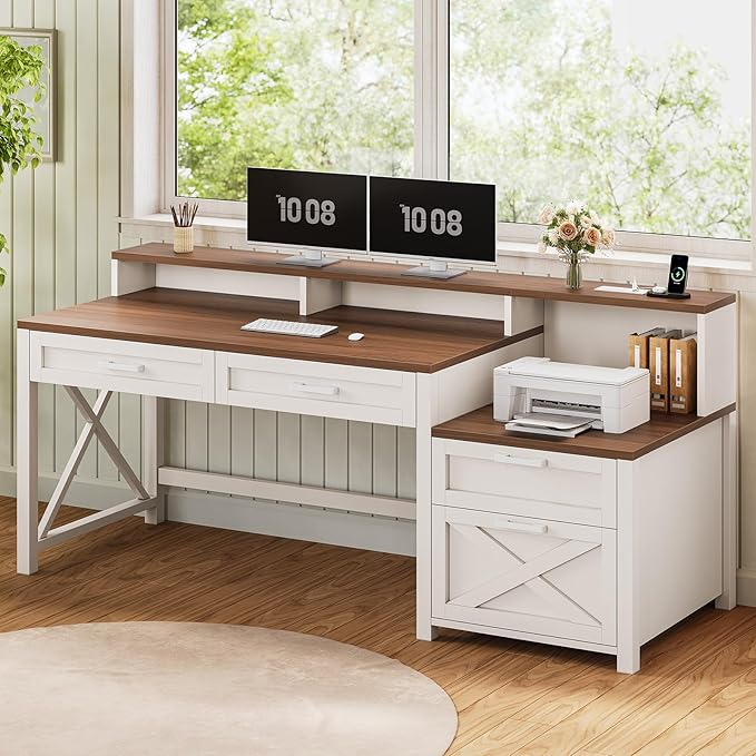 SEDETA Farmhouse Home Office Desk with File Drawer & Power Outlet, Computer Desk with 4 Drawer, Storage Shelves, Printer Cabinet and Monitor Shelf, Gaming Desk with Led Lights, White