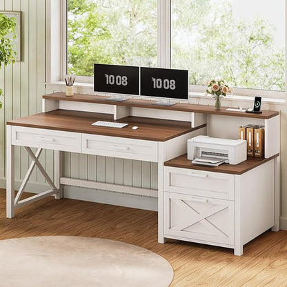 SEDETA Farmhouse Home Office Desk with File Drawer & Power Outlet, Computer Desk with 4 Drawer, Storage Shelves, Printer Cabinet and Monitor Shelf, Gaming Desk with Led Lights, White