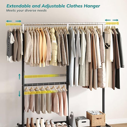 Raybee Clothes Rack Heavy Duty 450LBS, Clothing Racks for Hanging Clothes 200+, Metal Clothing Rack with Wheels, Rolling Commercial Garment Rack Portable, Black