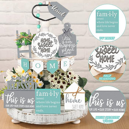 11 pcs Home Tiered Tray Decor This is us Rustic Farmhouse Tiered Tray Decorations Set Home Wooden Signs Vintage Farm Animal Farmhouse Tabletop Wood Signs for Kitchen Table Shelf Decor