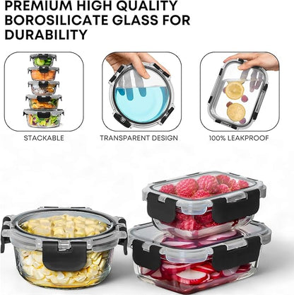 Razab 30 PC Glass Food Storage Containers with Lids - Reusable Glass Meal Prep Containers for Lunch and Leftovers - Airtight & Leakproof Snap Locking Lids - Oven, Freezer, Microwave, Dishwasher Safe
