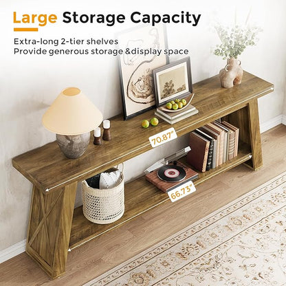 70.87-Inch Console Table for Entyrway, Extra Long Sofa Table Behind Couch, Farmhouse 2-Tier Entry Table for Hallway, Foyer, Oak Color
