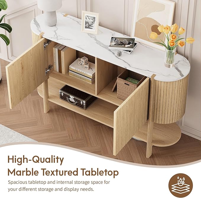 Console Table with Storage, Fluted Entryway Table with 2 Doors and Open Shelf, Long Sofa Table Behind Couch for Living Room, Hallway (Natural)