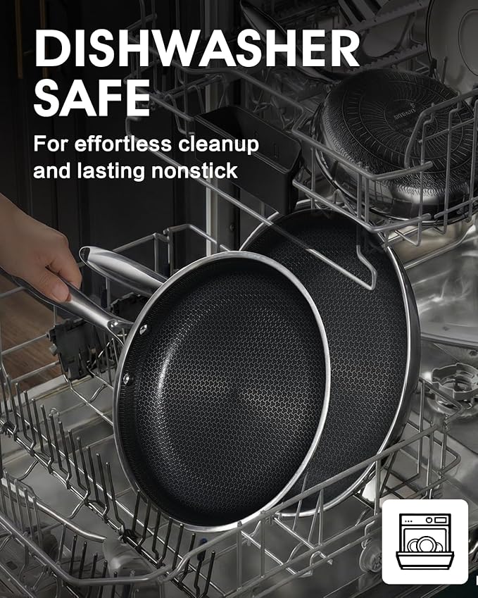 Non Stick Frying Pan 12 Inch with Lid, Hybrid Nonstick Stainless Steel Skillet Pan with Stay-cooling Handle, PFOA Free Non Toxic Dishwash & Oven Safe Kithchen Cookware Set Compatible All Cooktops