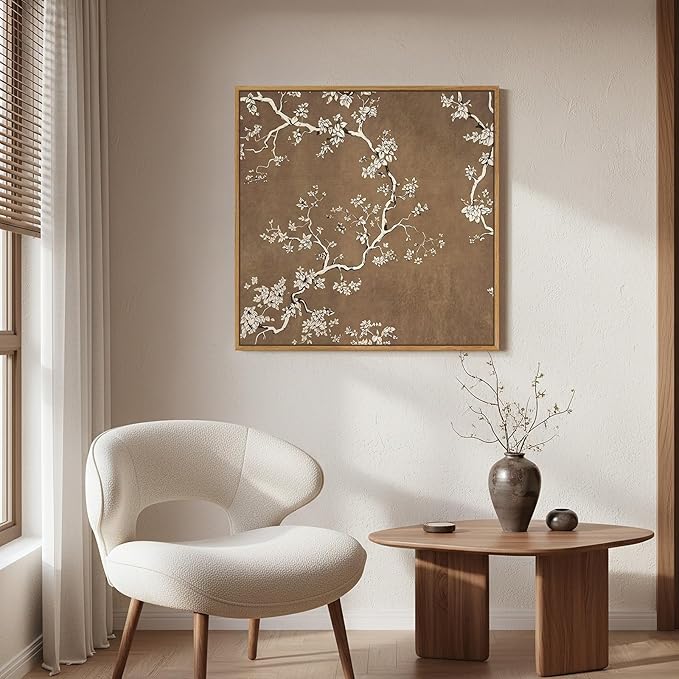 Framed Brown Botanical Square Wall Art for Room Decor, Vintage Floral Neutral Elegant Canvas Artwork for Walls, Retro Flower Blossom Painting Print for Living Room Bedroom Office Wall Decor, 24x24 In