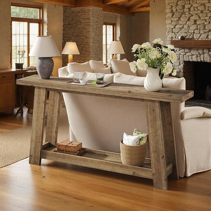 63-Inch Solid Wood Console Table, Farmhouse Entryway Table with 2-Tier Shelf, Narrow Sofa Table Behind Couch for Living Room, Hallway, Foyer