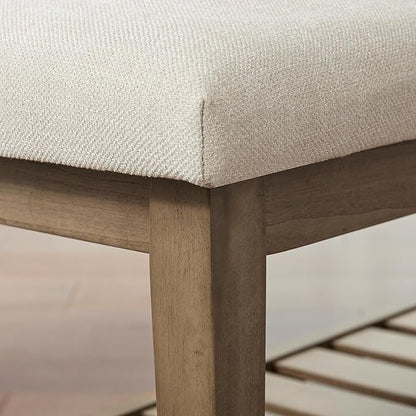 Entryway Bench, Chenille Upholstered Shoe Benches for Bedroom, Ottoman Bench with Solid Wood Shelf, Storage Benches for Hallway, Living Room(Beige)
