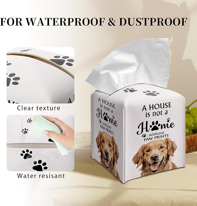 Grace Yonks Cute Golden Retriever Tissue Box Cover Square, Golden Retriever Dog Cube Case for Facial Tissues, 5.2" PU Leather(031)