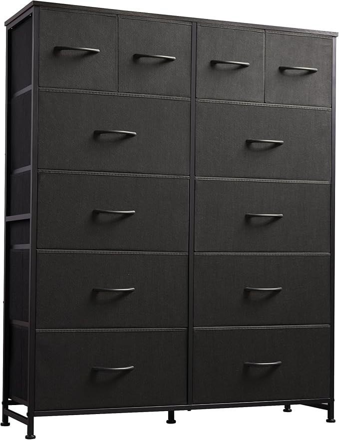 Tall Console Table with 12 Fabric Drawers, Tall Storage Organizer with Wood Top, Entryway Table with Storage, Steel Frame for Living Room, Hallway, Office, Charcoal Black