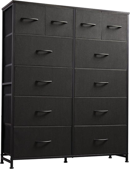Tall Console Table with 12 Fabric Drawers, Tall Storage Organizer with Wood Top, Entryway Table with Storage, Steel Frame for Living Room, Hallway, Office, Charcoal Black