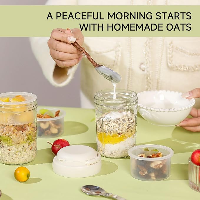 Overnight Oats Containers with Handles & Lids – 16oz Glass Mason Jars with Spoons & Fruit Compartments, Chia Pudding Jars with Lids, 4 Sets (Cream, Blue, Yellow, Pink)