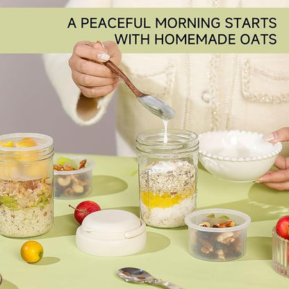 Overnight Oats Containers with Handles & Lids – 16oz Glass Mason Jars with Spoons & Fruit Compartments, Chia Pudding Jars with Lids, 4 Sets (Cream, Blue, Yellow, Pink)